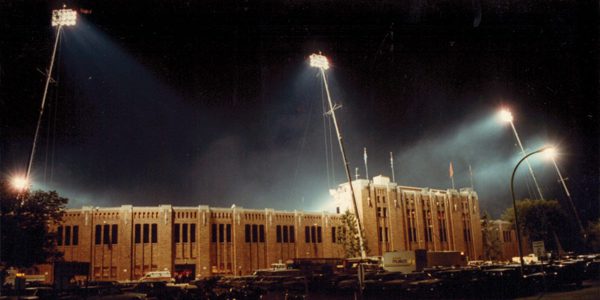 Musco Light mobile trucks light up University of Notre Dame night game in 1982.