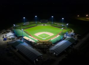 Aerial view of Field of Dreams at night lit with Musco TLC for LED system