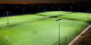 Players practice on the Desert Sky Park ​soccer fields lit with Musco TLC for LED sports lighting