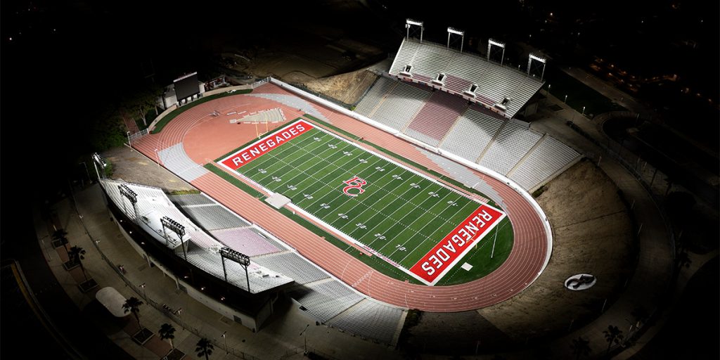 Bakersfield College Memorial Stadium football field under improve lighting system