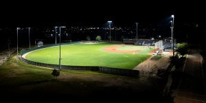 Wolfe Field lit at night with new Musco TLC for LED sports lighting