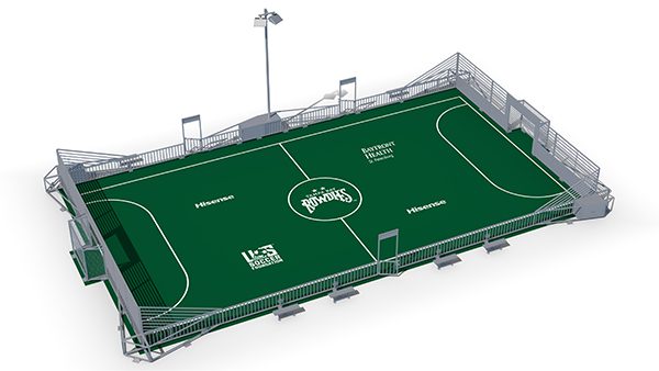 3D Render of the new Tampa Bay mini-pitch with green surface and Musco TLC for LED lights