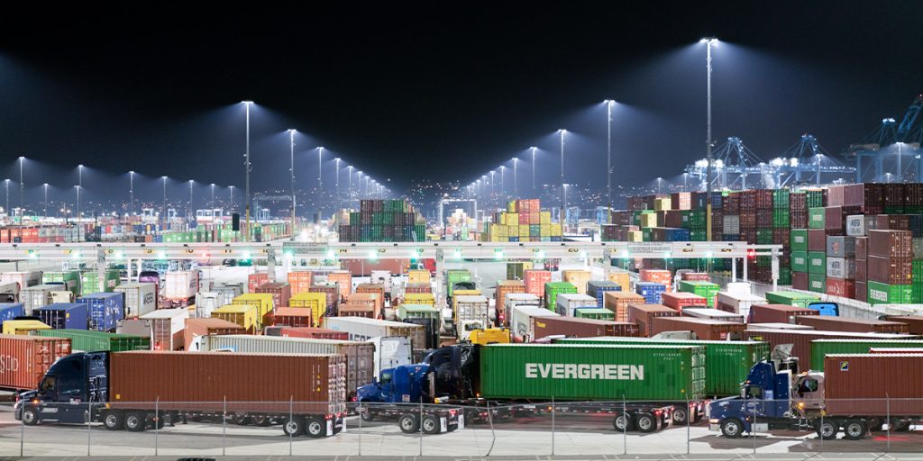 Musco TLC for LED system with factor aimed fixtures directs light down toward APM Terminals Pier 400 Los Angeles while keeping the skies dark.