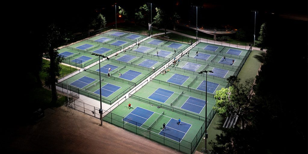Musco's TLC for LED system provides uniform light across 15 pickleball courts at Monument Valley Park without light spill or glare affecting neighbors or players