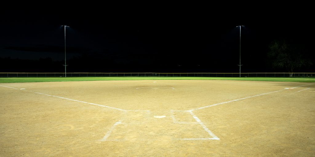 North Casper Sport Complex's Field 5 viewed from behind home plate after baseball field LED lighting upgrade
