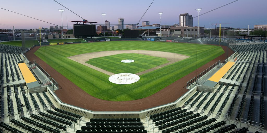 Baseball field at Wichita Riverfront Stadium after sports lighting upgrade