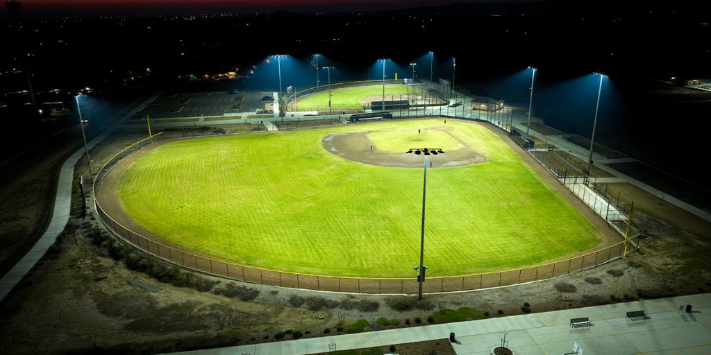 Baseball and softball fields at Cutler-Orosi Sports Complex lit with new LED field lighting while eliminating spill and glare to surrounding areas.