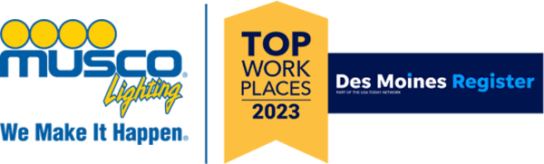 Musco Lighting We Make It Happen and Des Moines. Register Top Work Places 2023 logos side by side.