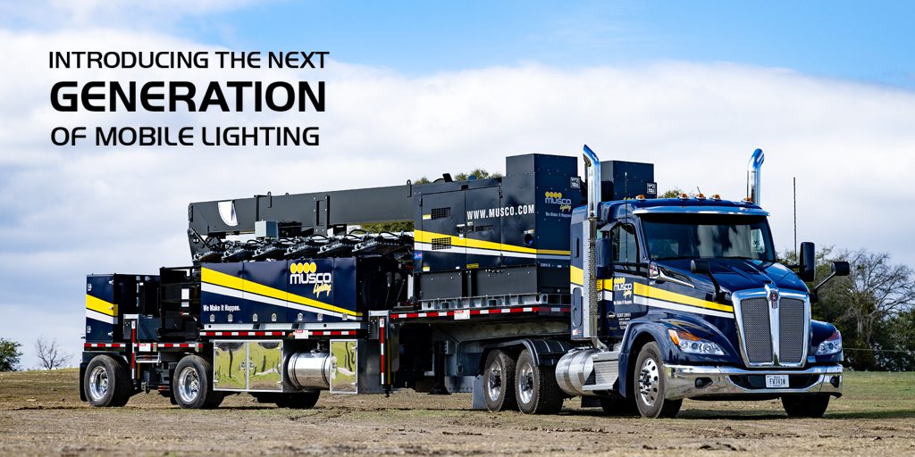 Banner image of Musco Light mobile lighting truck against a blue sky. Black text in corner reads "Introducing the Next Generation of Mobile Lighting." Click to visit our Temporary Lighting solutions page.