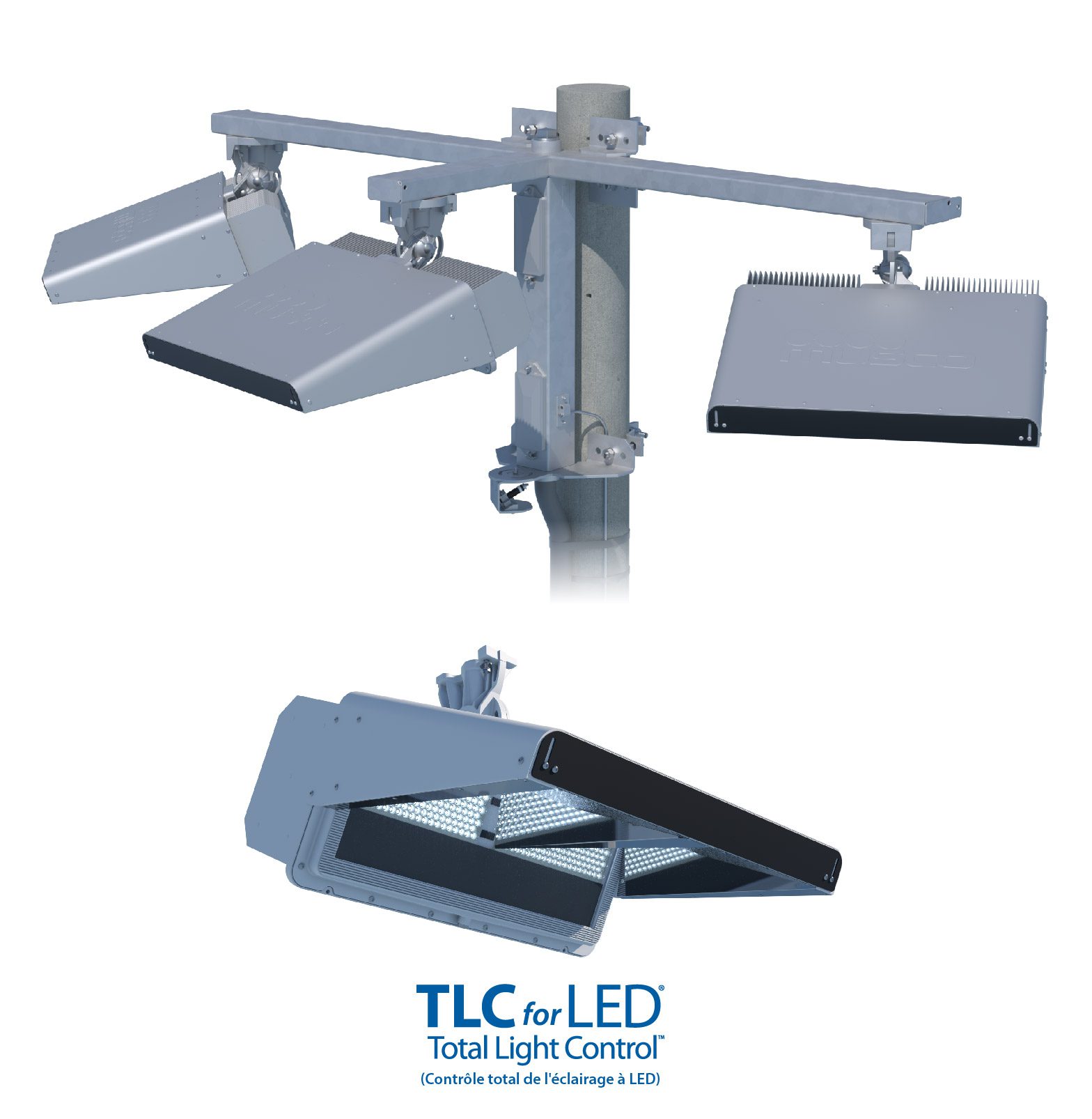 Image of Musco's SportsCluster TLC for LED lighting cross arm with three fixtures attached, with a single LED fixture underneath.