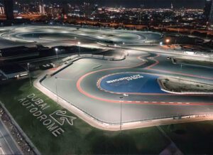 Dubai Autodrome racetrack lit at night with Musco LED lighting