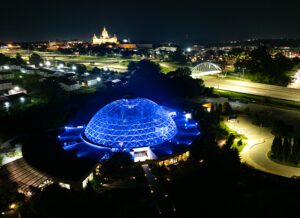 Des Moines Botanical Garden lit in blue
