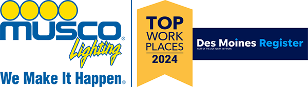 Musco Lighting logo on the left with Des Moines Register Top Work Place 2024 logo on the right