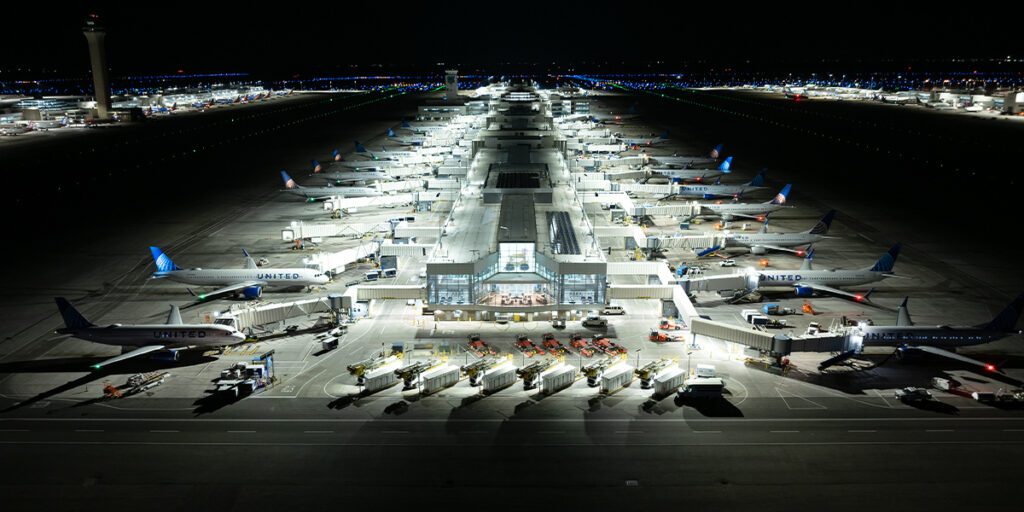 New LED apron lighting fixtures at Denver International Airport keeps light around the concourse.