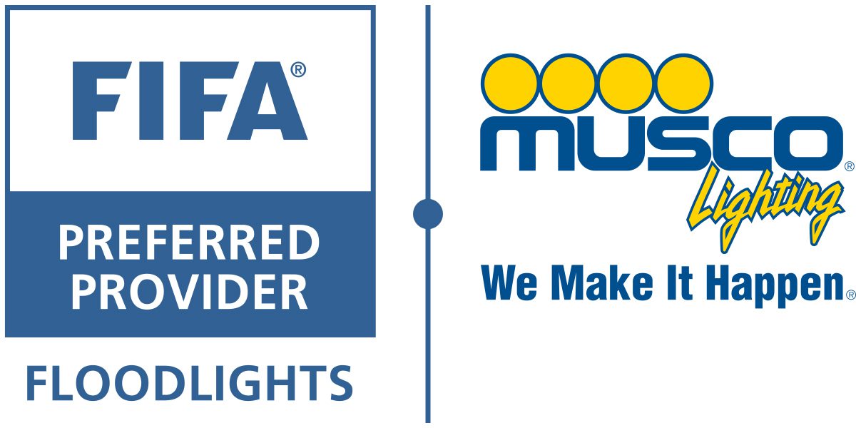 Logo lockup FIFA Preferred Provider Floodlights on the left and Musco Lighting on the right.
