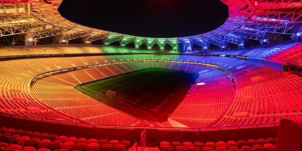 King Abdullah Stadium stands lit in green, blue, red and yellow with new LED light show technology.