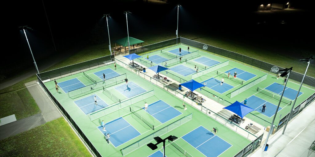 Savage, Minnesota residents play under new LED pickleball lights at Community Park.