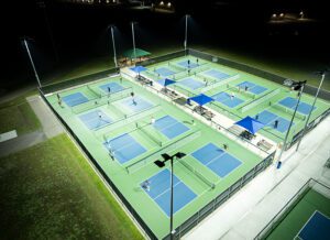 Savage, Minnesota residents play under new LED pickleball lights at Community Park.