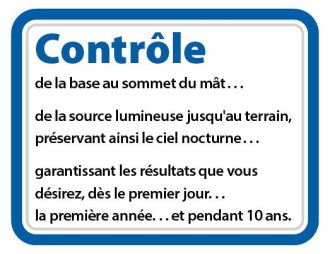 Image reads: "Contrôle de la base au sommet du mât. . . de la source lumineuse jusqu'au terrain, préservant ainsi le ciel nocturne. . . garantissant les résultats que vous désirez, dès le premier jour. . . la première année. . . et pendant 10 ans." On white background with solid blue border.